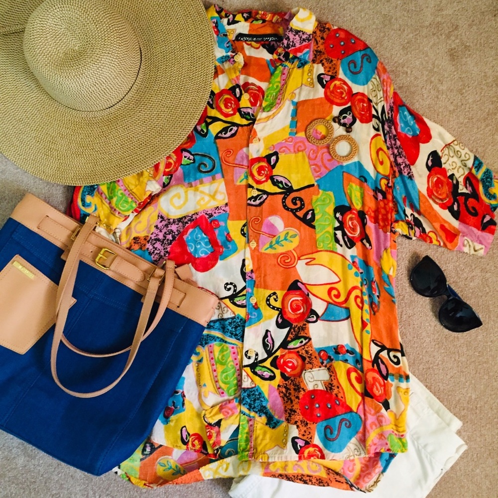 Vintage bright colorful arty Button Down Blouse